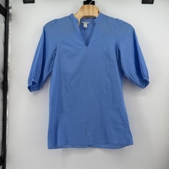 H&M Tops - H&M Linen Blend V Neck 3/4 Sleeve Tunic Top Women Size M Blue